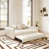 Full Size Daybed, Upholstered Tufted Sofa Bed with Trundle, Daybed with Button & Copper Nail on Square Arms, Full Daybed with Twin Trundle, White