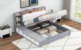 Queen Size Platform Bed Frame with Upholstery Headboard and Storage Shelves and,USB Charging,Gray