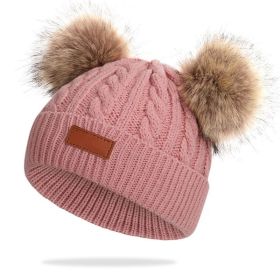 Cute Double Wool Pompom Baby Hat Children Cap Warm Autumn Winter Hats For Kids Boys Girls Knitted Warmer Beanie Caps Bonnet (Color: Pink)