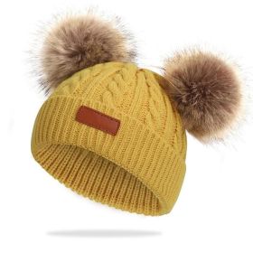 Cute Double Wool Pompom Baby Hat Children Cap Warm Autumn Winter Hats For Kids Boys Girls Knitted Warmer Beanie Caps Bonnet (Color: Yellow)