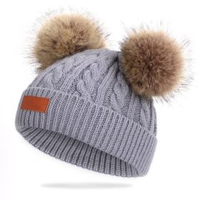 Cute Double Wool Pompom Baby Hat Children Cap Warm Autumn Winter Hats For Kids Boys Girls Knitted Warmer Beanie Caps Bonnet (Color: Gray)