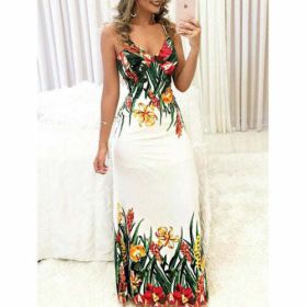 Women's Summer Beach Maxi Boho Floral Dress Sexy Strappy V Neck (size: XL)