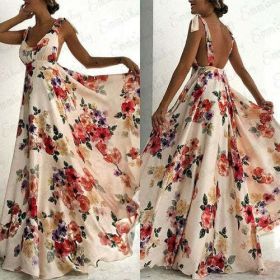 Sexy Strappy Backless Floral Print Maxi Dress Women Boho Long (size: M)