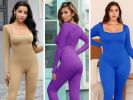 Womens Yoga Jumpsuits Workout Ribbed Long Sleeve Sport Jumpsuits